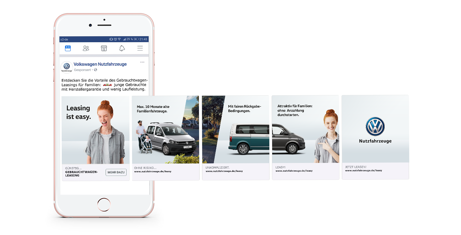Smartphone mit Carousel Link Ad auf Facebook