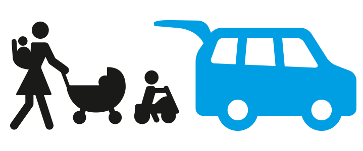 Icon: Fahrzeug mit Mutter und Kindern