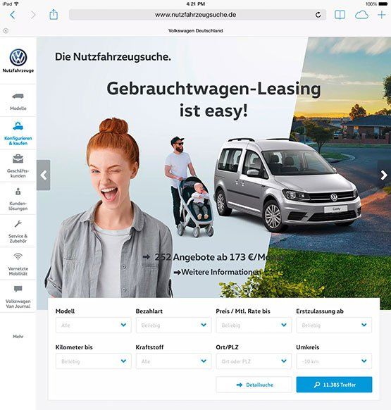 Screenshot: Startseiten-Teaser VW Nutzfahrzeugsuche