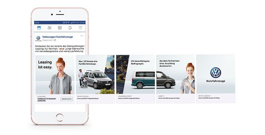 Smartphone mit Carousel Link Ad auf Facebook