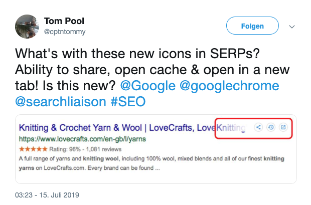 Ansicht der Google Suchergebnisseite mit den getesteten Buttons zum Teilen von Suchergebnissen