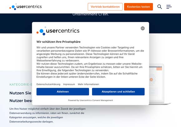 Usercentrics als Cookie Consent Management Tool | Screenshot von usercentrics Usercentrics als Cookie Consent Management Tool | Screenshot von usercentrics