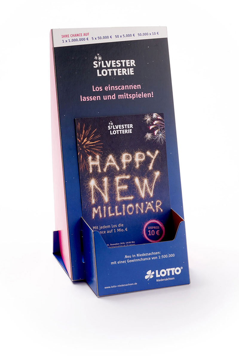 Lotto Niedersachsen Silversterlotterie Aufsteller mit Spielschein