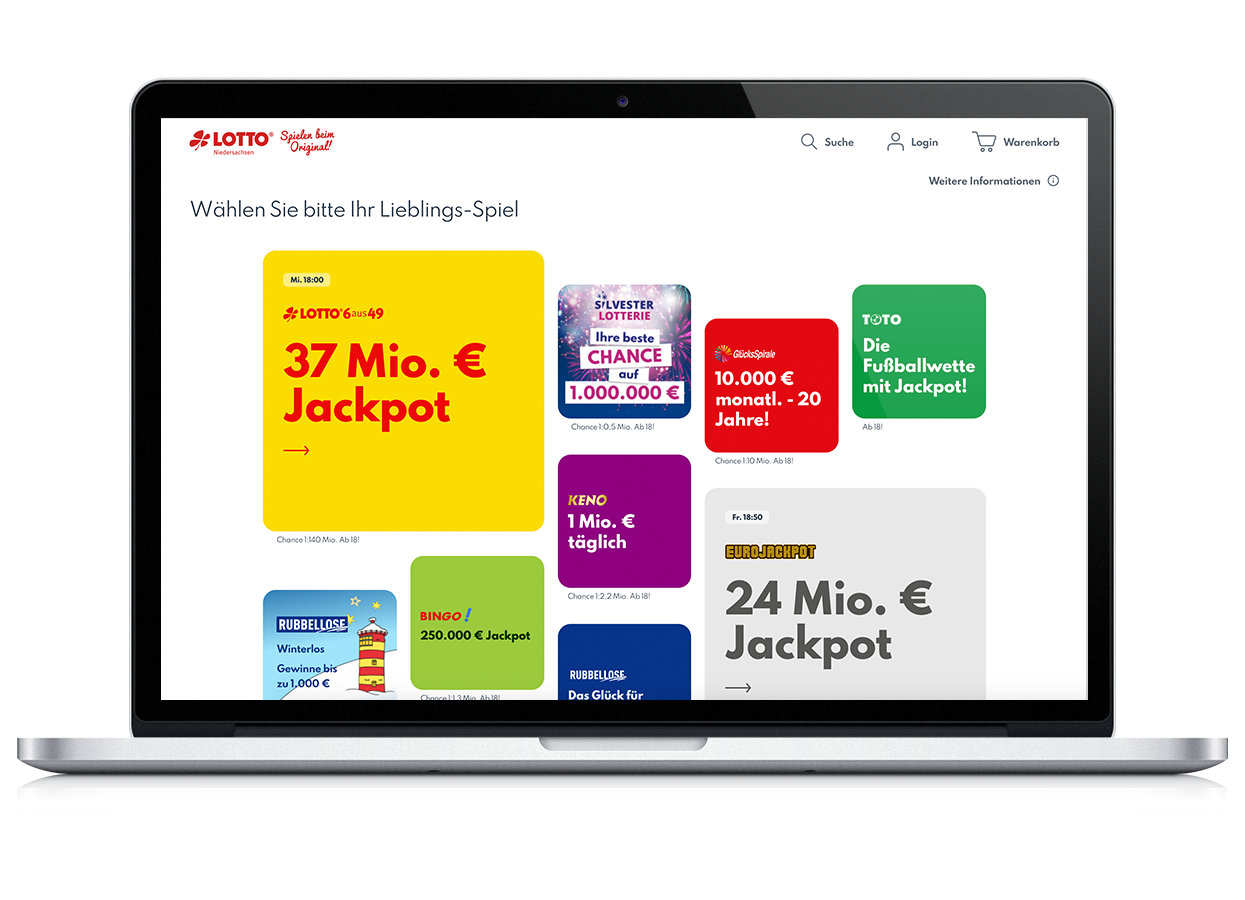 Lotto Niedersachsen Website auf Laptop mit Kacheln der verfügbaren Spiele