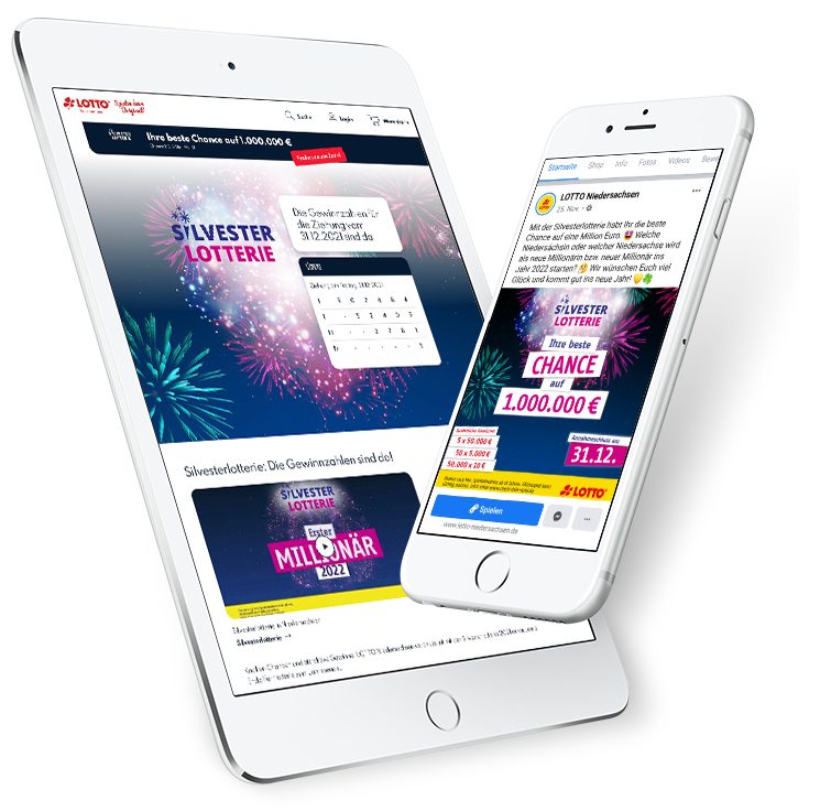 Tablet und Smartphone mit Lotto Niedersachsen Social Media und Website
