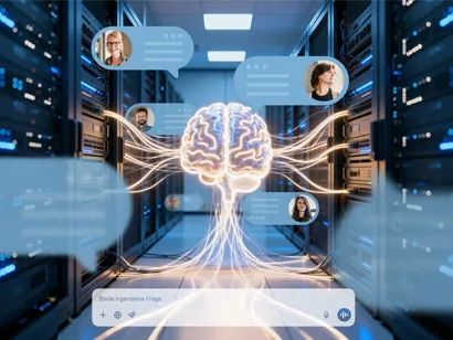 Abstrakte Darstellung eines KI-Systems in Form eines Gehirns, das mit Chat-Sprechblasen von Mitarbeitenden verbunden ist.